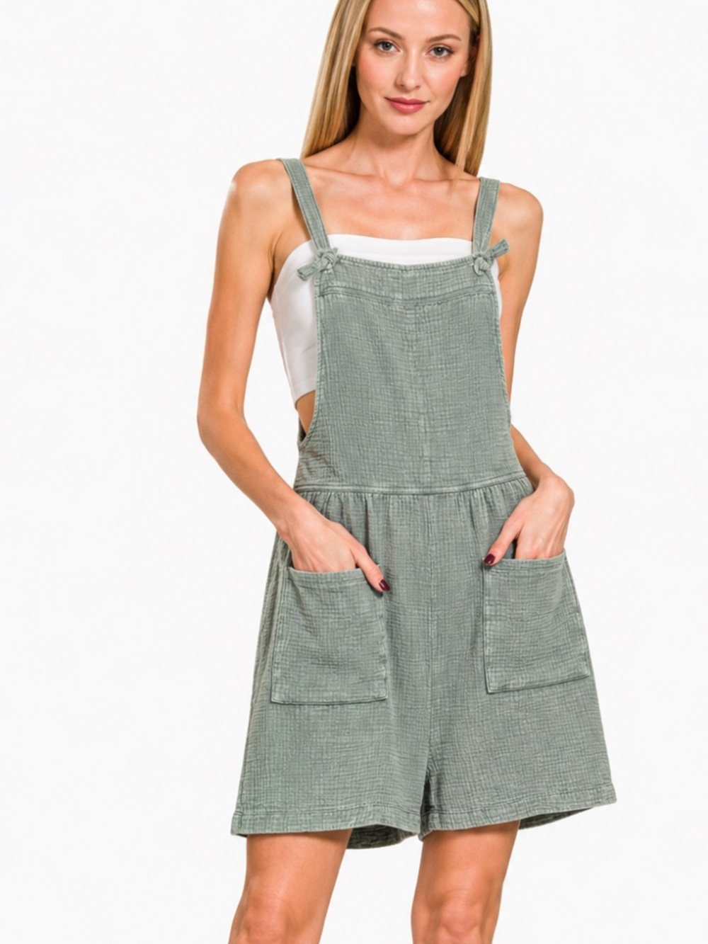 Zenana Acid Washed Sage Green Double Gauze Romper Overalls Small NWOT
